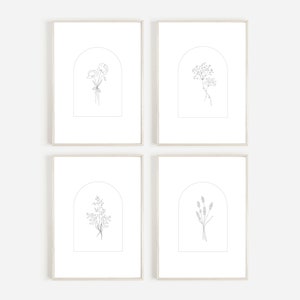 Minimalist Decor, Set of 4 Prints, Botanical Wall Art, Instant Download, Black and White, Neutral Wall Art, Lavender Flower Print Set