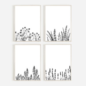 Botanical Prints Set of 4, Herb Print Set, Instant Download, Chamomile, Rosemary, Lavender Print, Herb and Spice Wall Art, Black and White