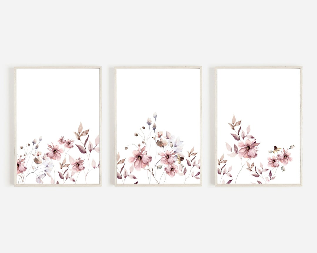 Watercolor Wildflower Print Set of 3, Pink Floral Nursery Decor ...