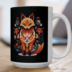Fox mug, Folk art fox, Floral fox mug, Cute fox coffee, tea mug, Cute fox gift, Woodland creature, Ceramic fox mug