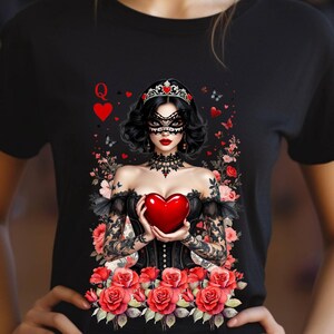 Gothic Queen of Hearts T-Shirt,  Dark Fantasy Shirt, Heart Design Top, Gift for her, Gothic edgy style, Valentines and other occasions