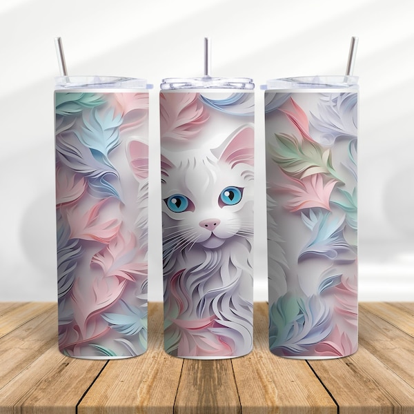 3d Cute Cat Quilling Tumbler Sublimation ,Skinny Tumbler Design-Straight & Tapered Seamless Wrap Design-Cat Lover Gift,Digital Download PNG