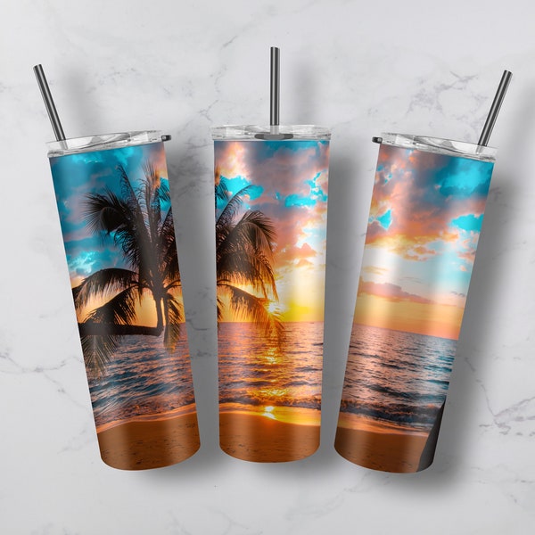Ocean Palm Trees 20oz Skinny Tapered & Straight Seamless- Template Beach Sunset Tumbler Design-Summer Sublimation Tumbler Design Seamless