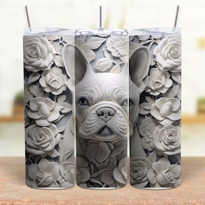 3D French Bulldog Tooled Leather Tumbler Sublimation Design 20oz Skinny Tapered & Straight Seamless-Template png Digital Downloads