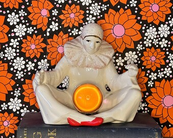 1960s FRENCH PIERROT Clown Figurine with Crystal ball