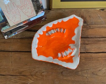 Retro Ashtray - orange ceramics triangle shaped, orange and white