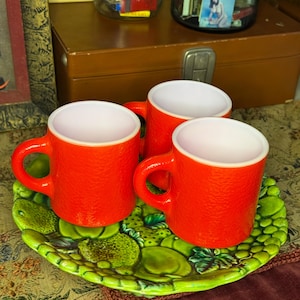 Set of 3 - Vintage Hazel Atlas red textured milk glass mugs