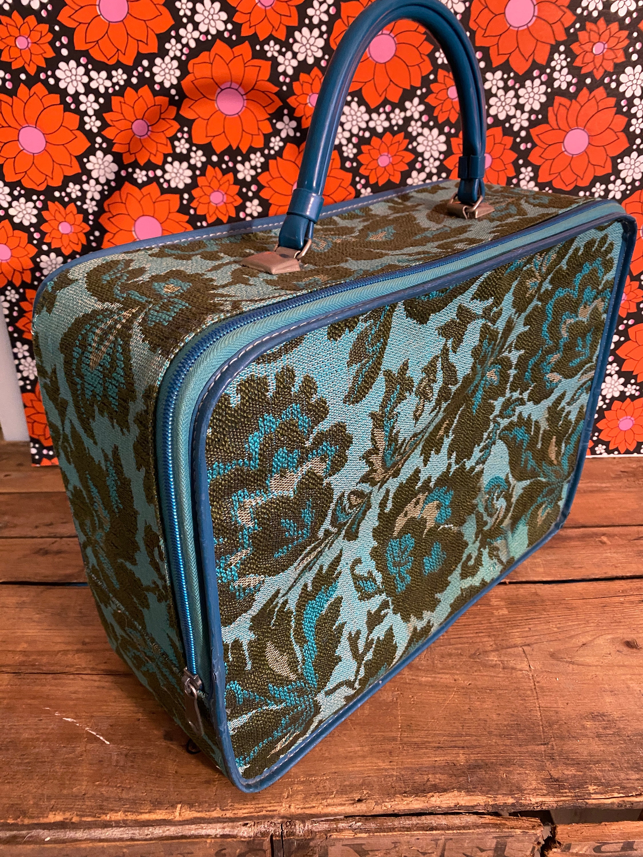 Vintage AVON 1960s Teal and Blue Tapestry Print Suitcase Overnight Bag Vintage Luggage Saleswomen Case Mid Century Modern MCM Etsy