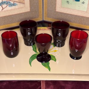 Vintage Anchor Hocking Ruby Red Cut Glass mixed  Cocktail Tumblers