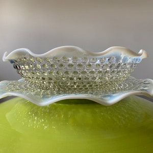 Vintage 1942-1946 Anchor Hocking - Moonstone Opalescent Clear Hobnail Art Glass Large Serving Bowl & Plater Depression glass