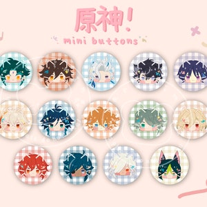 May include: A set of 14 mini buttons featuring various anime characters with cat ears. The buttons are round and have a checkered pattern. The text "原神! mini buttons" is written in Japanese at the top of the image.