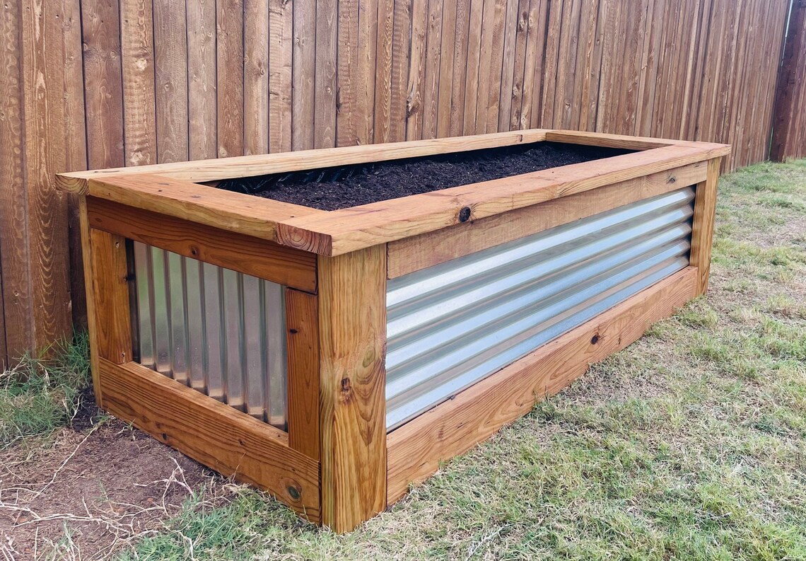 Raised Garden Beds W/ Corrugated Metal Accents on All Sides Measuring 3