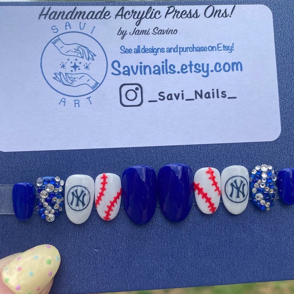 Size Small NY Yankees Baseball luxury reusable acrylic press on nails!