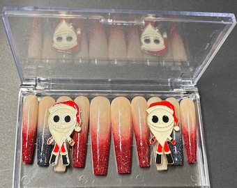 Uñas postizas acrílicas reutilizables hechas a mano, tamaño grande, 'Santa Skellington' OOAK#13. ¡Enormes dijes gruesos! ¡Uñas postizas reutilizables de lujo!