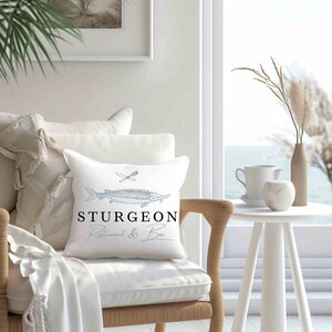 Sturgeon Restaurant & Bar: Coastal Cuisine Throw Pillow - Beach House Decor | Double Sided Print