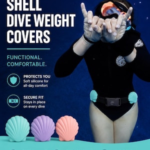 May include: Silicone shell dive weight covers in mint, lavender, and peach colors. These soft, durable covers are designed to fit over dive weights, featuring a scalloped shell shape. The text reads: DIVE IN STYLE SILICONE SHELL DIVE WEIGHT COVERS.