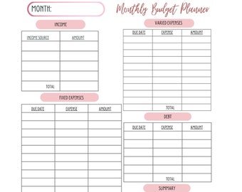 May include: A white 8.5 x 11 inch budget sheet with pink accents. The sheet includes sections for income, fixed expenses, varied expenses, debt, and a summary. The title "Budget Sheet" is written in pink script.