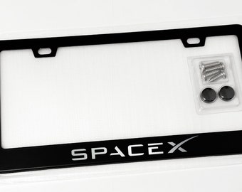 Reflective White Space X License Plate Frame on Premium Black Metal With Screws & Caps