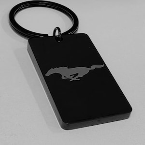 Mustang Key Chain Premium Engraved Black Premium Metal Polished Key for GT, Mach E, EcoBoost, Roush, Etc