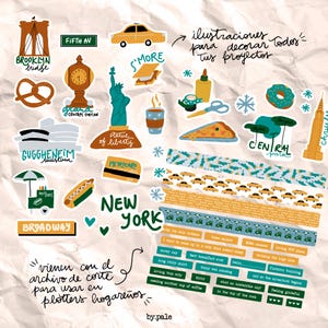 Pode incluir: Um conjunto de adesivos coloridos com marcos icônicos da cidade de Nova York, como a Ponte do Brooklyn, a Estátua da Liberdade, o Central Park e o Empire State Building. Os adesivos são perfeitos para decorar planejadores, laptops e outros itens pessoais.