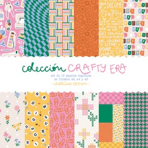 May include: A collection of 12 digital papers with various patterns, including floral, geometric, and text designs. The color palette includes pink, green, orange, and yellow. The text "Crafty Era" is displayed in a whimsical font.