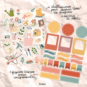 KIT COLECCIÓN PRIMAVERA de papeles ilustrados + clip arts para hacer manualidades, scrapbooking, journalling, cardmaking.