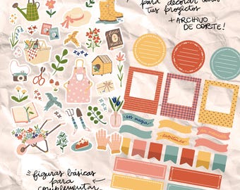 May include: A set of colorful digital illustrations featuring gardening and nature themes. The illustrations include a watering can, a bird, a wheelbarrow, a book, a pair of scissors, a house, a pair of boots, a hat, a flower pot, a cake, a pair of gardening gloves, and various frames and banners. The text "ilustraciones para decorar todos tus proyectos + ARCHIVO DE CORTE!" is included in the image. The text "figuras básicas para complementar" is also included in the image.