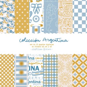 Pode incluir: Uma coleção de 12 papéis digitais com padrões em azul, branco e dourado. Os designs incluem flores, estrelas, fitas, o mapa da Argentina, texto, xadrez, listras e motivos de sol com o texto coleccion Argentina.