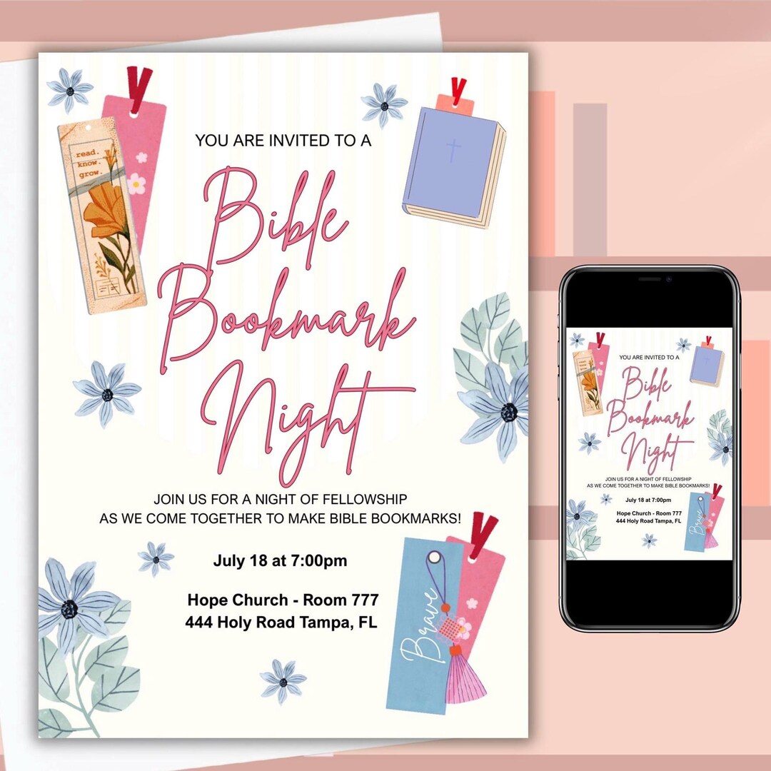 Christian Library Invitations Bible Study Invitation Editable Template, Bible Bookmark Class ...