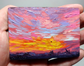 Effusive 2 - Oil Painting ACEO Impasto Sunset Original Art Small Painting 2.5 by 3.5 in by Grainy Grooves