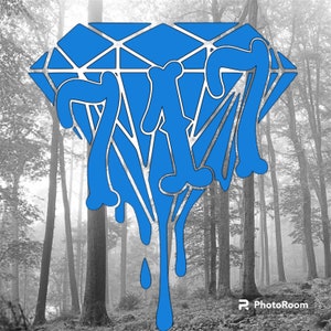 May include: A blue diamond-shaped graphic with dripping paint, set against a backdrop of a foggy forest.