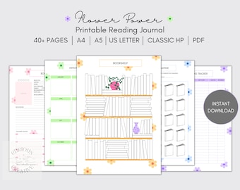 Diario de lectura imprimible Flower Power, Planificador de lectura, Diario de libros, Rastreador de lectura, Reseña de libros, Registro de lectura, Estante de libros, Descarga en PDF