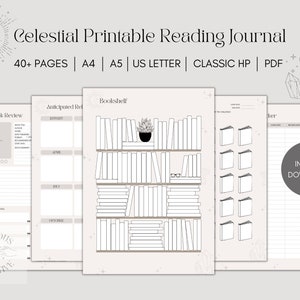 Diario di lettura stampabile celeste, Pianificatore di lettura, Diario del libro, Tracker di lettura, Recensione del libro, Registro di lettura, Scaffale per libri, Download PDF