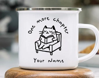 Customized Book Lover Camping Mug for Cat Lover, Ugly Mug Cafe, Funny Cat Coffee Mug, Personalized Badly Drawn Mug, Reader Gift for Bookish