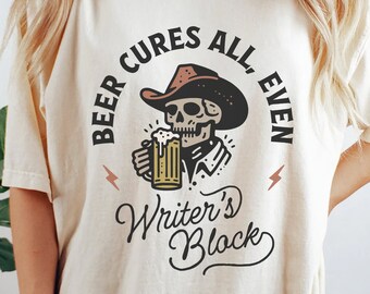 Funny Writer T Shirt, Western Aesthetic Gift for Author Shirt, Cowboy Writer's Block Vintage T-Shirt, Male Writer Gift, Skull Graphic Tee