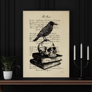 Vintage Raven Wall Art Print Gift for Book Lover Writer & Poet Edgar Allan Poe Cottagecore Poster, Gothic Skull Crow Wall Art Literary Gift