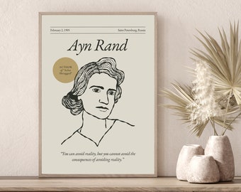 Cartel de Ayn Rand (Serie de autores), Arte de pared estético del escritor, Cartel de citas literarias, Regalo para amantes de los libros, Regalo para el autor, Impresiones de arte literario