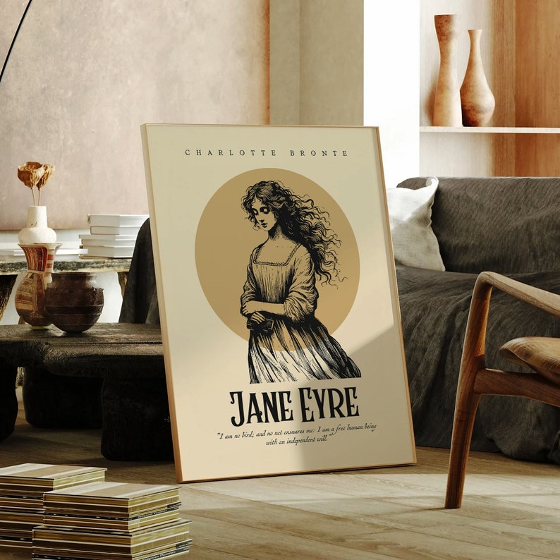 Vintage Beige Jane Eyre Book Cover Poster Print is sitting on the wooden floor. Gift for book lover and avid reader.