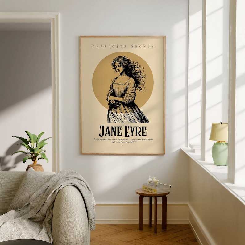 Charlotte Bronte's Jane Eyre Literary Poster in wooden frame is hung on white wall.