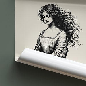 May include: Black and white illustration of a woman with long, flowing hair wearing a dress with a high neckline. The woman is looking down and her expression is sad.