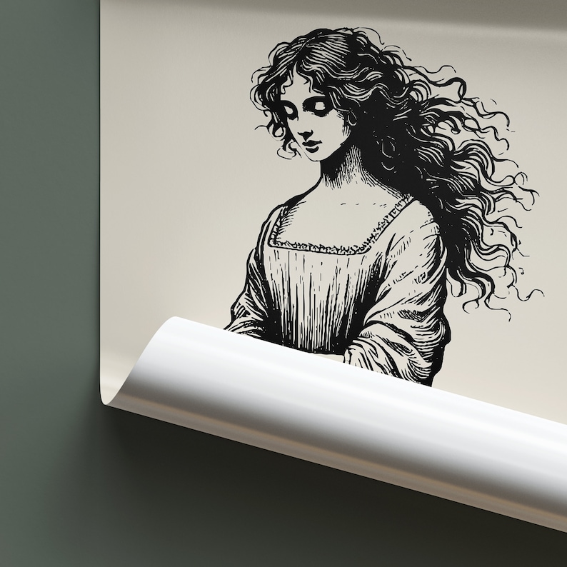 May include: Black and white illustration of a woman with long, flowing hair wearing a dress with a high neckline. The woman is looking down and her expression is sad.