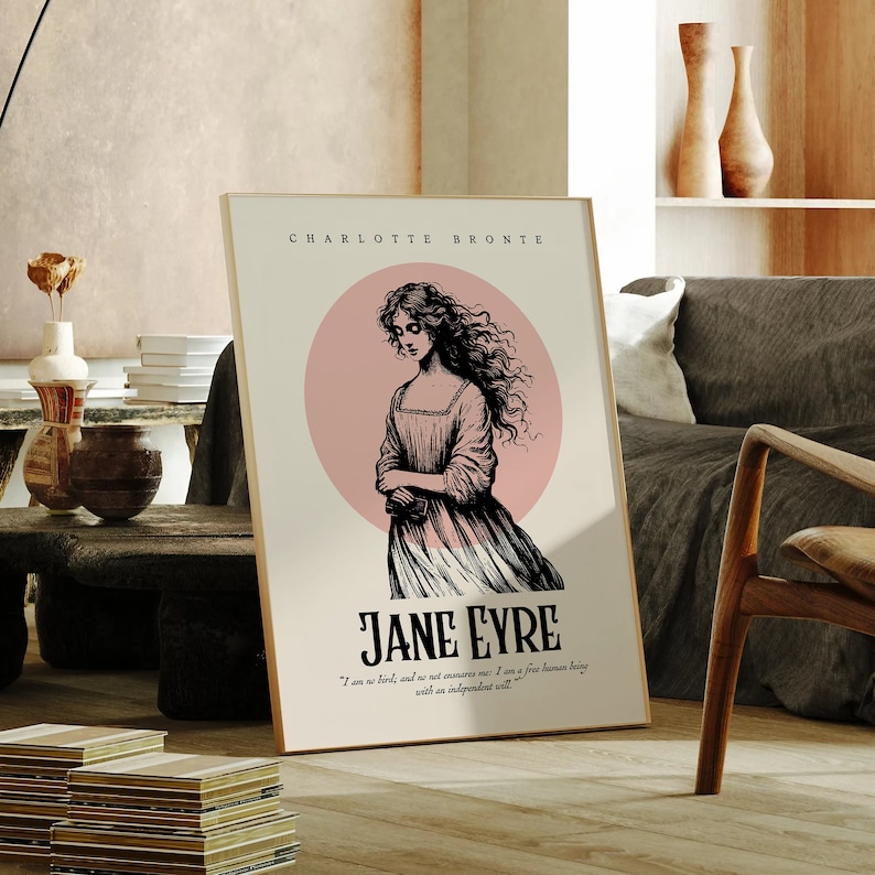 May include: A black and white illustration of a woman with long dark hair standing in a pink circle. The text "CHARLOTTE BRONTE" and "JANE EYRE" is printed above and below the illustration. A quote from the book is printed below the title.
