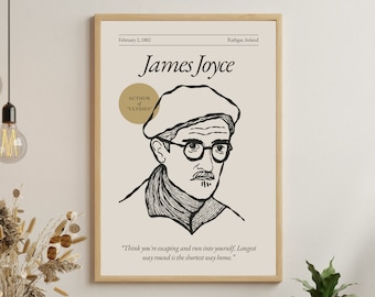 May include: Black and white illustration of James Joyce, author of Ulysses. The quote "Think you're escaping and run into yourself. Longest way round is the shortest way home." is printed below the illustration. The image has a white background.