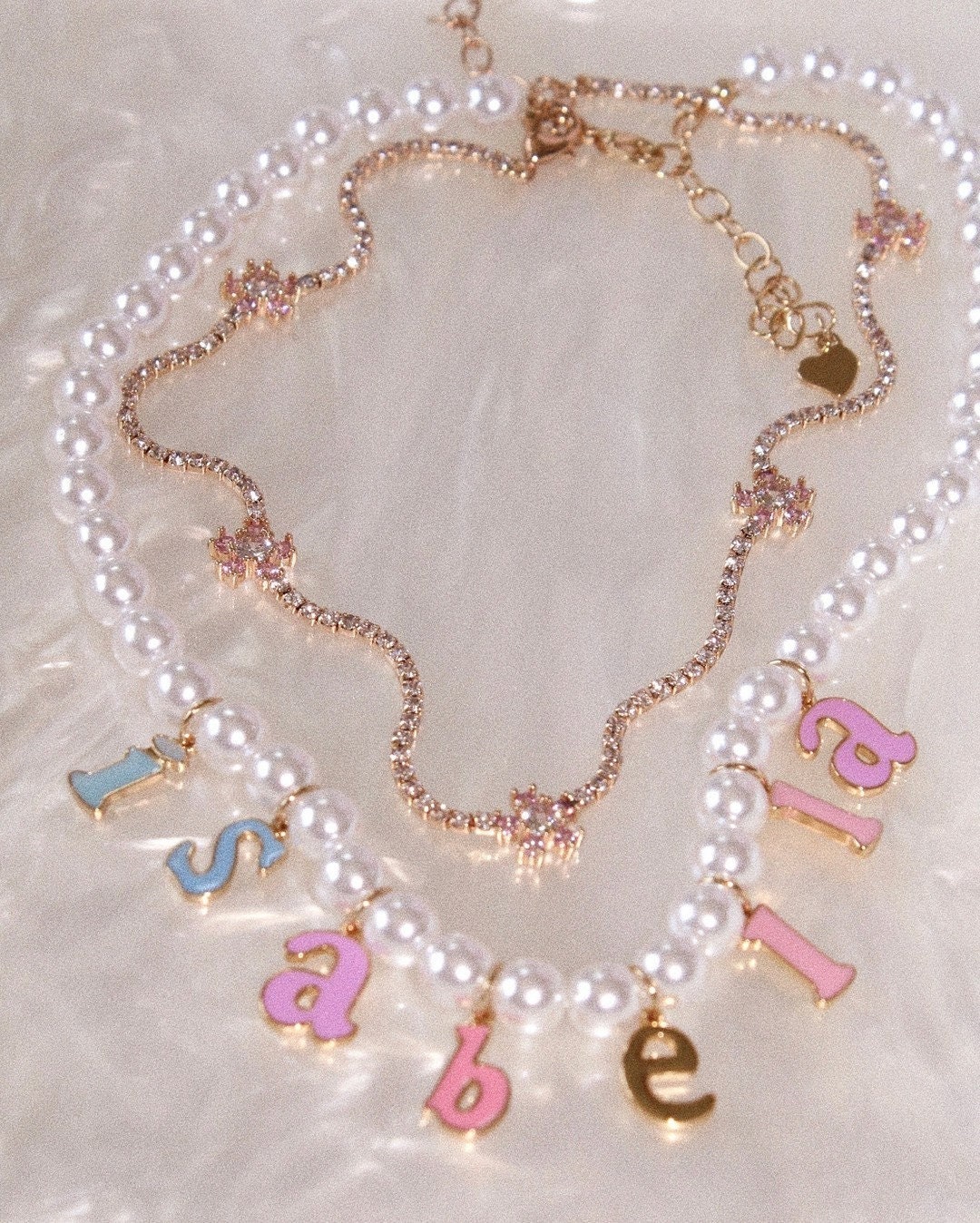 Custom Pearl Necklace Name Necklace Pearls and Colorful Etsy