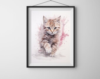 May include: A watercolor painting of a brown tabby kitten with pink and white splatter paint in the background. The kitten is looking directly at the viewer with its paws outstretched.
