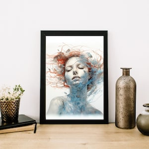 A Woman With Fish On Her Hair Wall Art | Woman Digital Print | Woman Portrait | Woman Painting | Wall Decor | Printable Wall Art