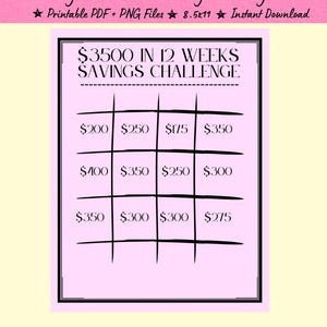 3500 in 12 weeks Savings Challenge Printable, 12 Week Money Saving Tracker, Cash Stuffing Challenge PDF, Budget Planner Digital Download