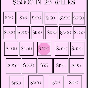 May include: Pink savings challenge chart with the text "BIWEEKLY SAVINGS CHALLENGE $5000 IN 26 WEEKS." The chart has a grid of boxes with dollar amounts ranging from $25 to $400. A pink circle highlights the $400 box.