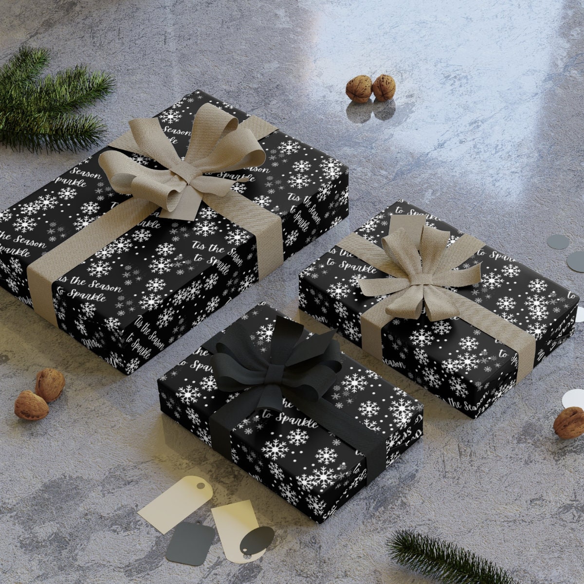 Merry Black Wrapping Paper Modern Christmas, Holiday Gift Wrap, Minimal,  Black and White 