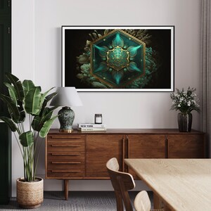 May include: A framed print of a geometric design with a teal and gold color scheme. The design is surrounded by a floral pattern.